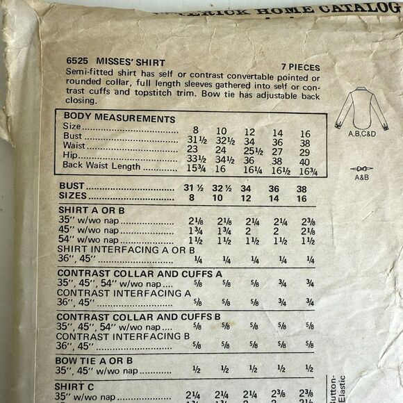 Vtg 70s Butterick 6525 Sz 14 Bust 36 Shirt Blouse Sewing Pattern Pointed Collar - Picture 5 of 5